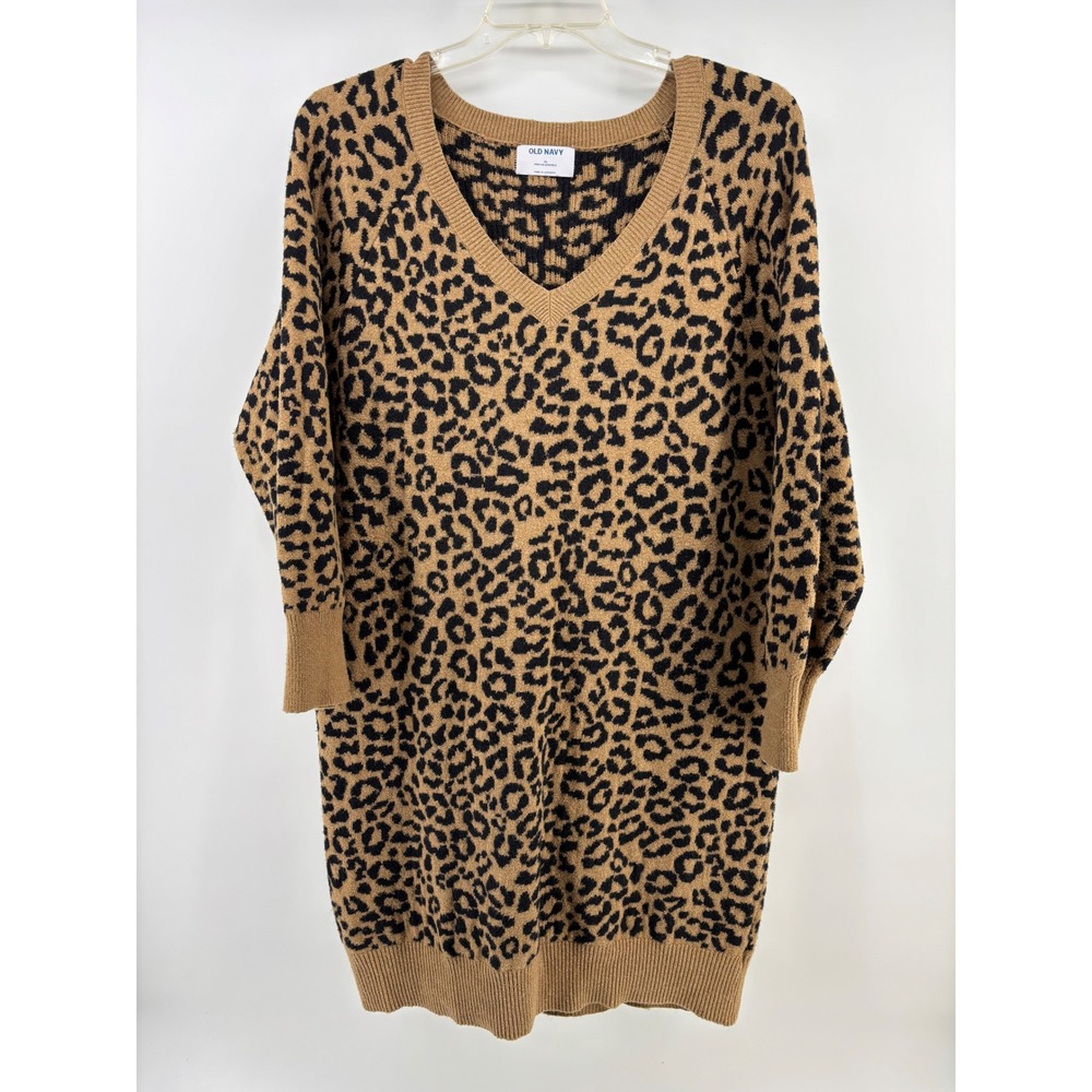Old Navy Sweater Dress Womens XL Brown Leopard Animal Print Cotton V-Neck Tunic